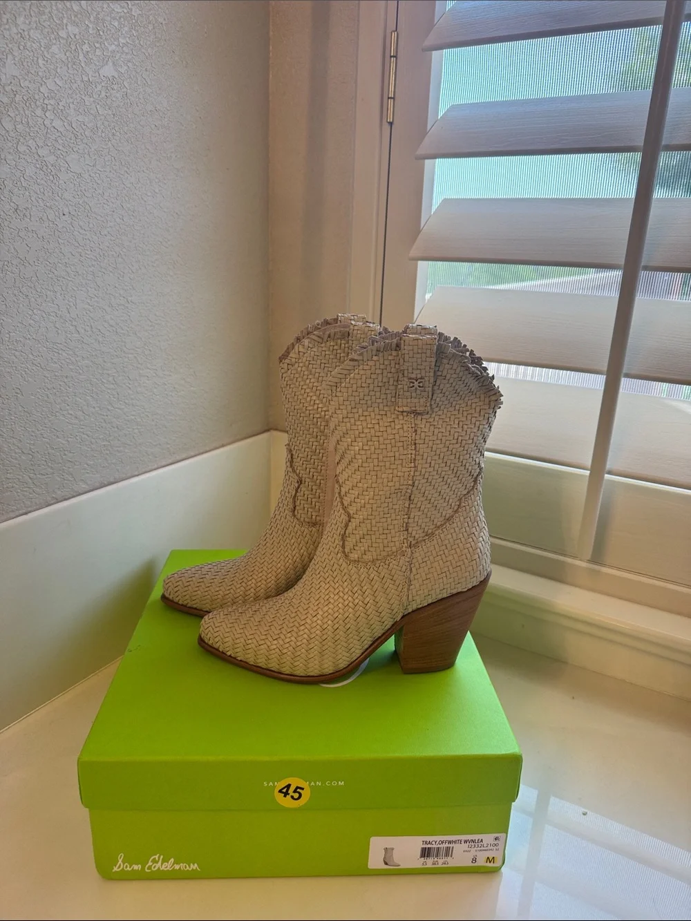 Sam Edelman Tracy Off White Woven Western Booties 8